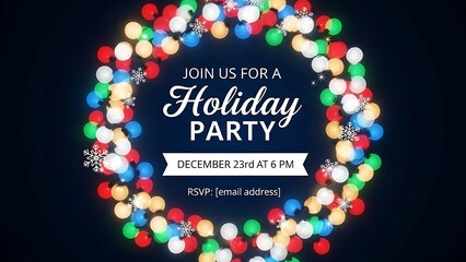 Festive holiday party invitation with colorful bokeh lights and snowflakes on a dark background