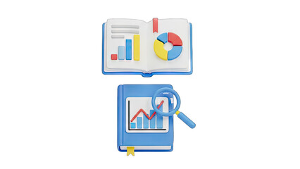 3D Isometric Illustration of Open Book with Bar Charts and Pie Chart Above Closed Book with Magnifying Glass Over Graph on Transparent Background