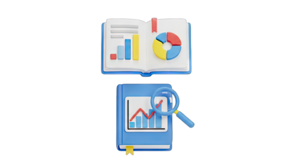 3D Isometric Illustration of Open Book with Bar Charts and Pie Chart Above Closed Book with Magnifying Glass Over Graph on Transparent Background