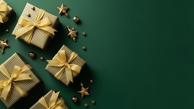A festive flat lay of gold gift boxes and stars on a deep green background for holiday celebration - Powered by Adobe