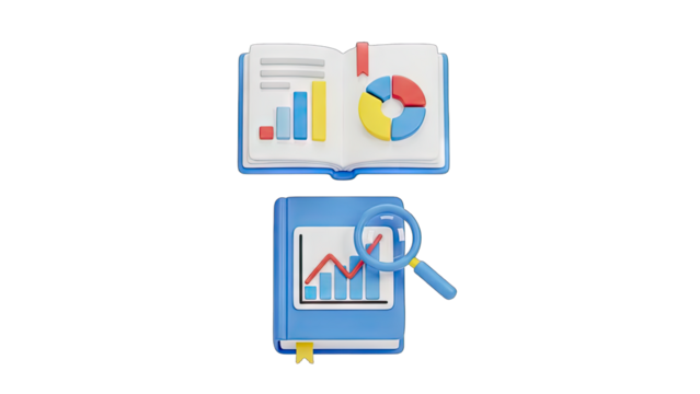 3D Isometric Illustration of Open Book with Bar Charts and Pie Chart Above Closed Book with Magnifying Glass Over Graph on Transparent Background - Powered by Adobe