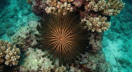 A radial, spiky sea creature nestled amongst coral formations underwater