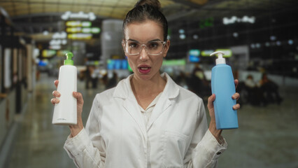 Young hispanic woman scientist compares large lotion bottles at crowded airport terminal indoors;...