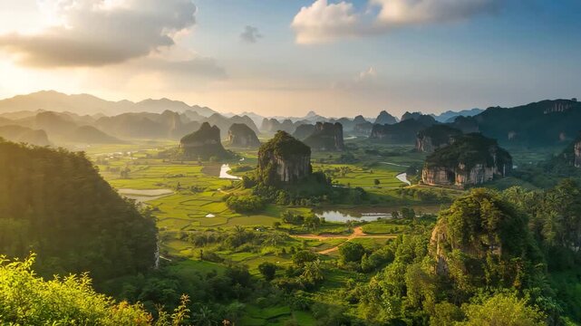 Wide aerial view of rolling green hills and rocky formations under the warm glow of sunset with winding rivers and patches of farmland creating a picturesque landscape in natural light