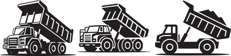 Construction dump truck silhouette icons set illustrating heavy industrial transport vehicles © Umar