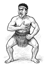 Māori man performing traditional Haka dance. Sketch vector illustration