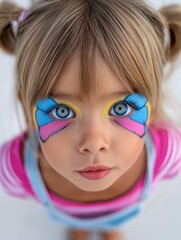 A young girl with vibrant butterfly face paint gazes up with big blue eyes. Colorful expression and playful mood.