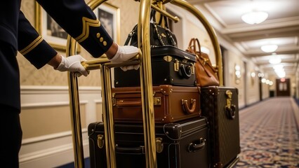 Service with a Smile: A hotel bellhop, impeccably dressed in his uniform and gloves, navigates a long corridor while escorting the luggage on a decorative gold service cart.