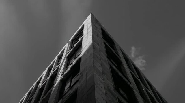 Close-up of modern architectural building corner with sharp angles and textured concrete facade under cloudy sky featuring soft light and shadows showcasing urban design and minimal aesthetic