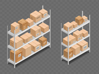 Cardboard boxes on the shelves of the rack. Isolated on a transparent background. Vector isometric illustration.