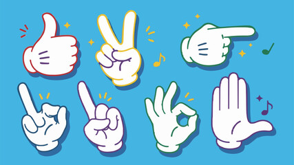 Expressive Cartoon Hands with Gestures Like Thumbs Up, Peace, and OK Sign, Ideal for Fun and Playful Visuals in Design Projects and Creative Illustrations