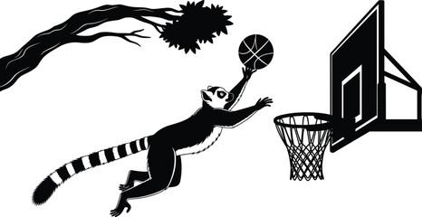 Lemur playing basketball, animal sports pose, tree background, black vector, flat design, CAD drawing, dynamic motion, hoop scene, jungle action © Moskirul