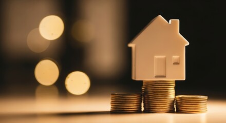 Financial Foundation: A miniature house sits atop a stack of gold coins, set against a blurred bokeh backdrop, symbolizing the dream of homeownership and financial security.