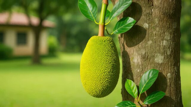 Jackfruit ripening on tree in sunny backyard