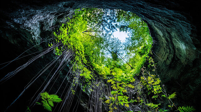 oligarchy. Entrance to an underground cave framed by green vines, dark interior contrasting with bright spring landscape. travel magazines.