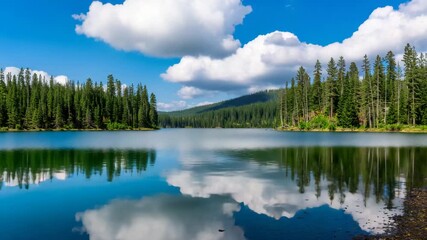 Tranquil mountain lake with pine forest reflections and gentle rippling water - Powered by Adobe