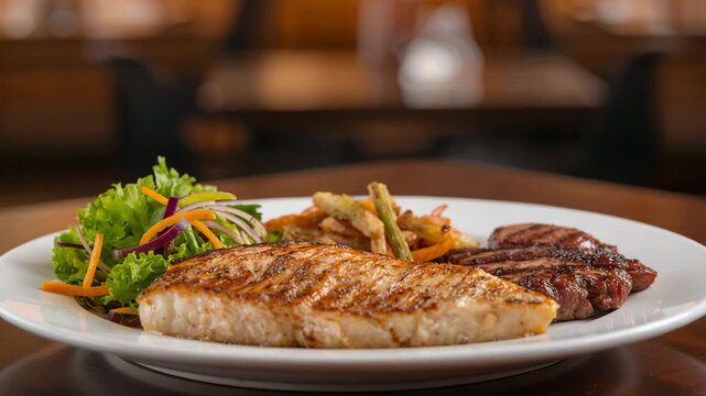 Grilled fish and steak surf and turf plated with salad in upscale restaurant