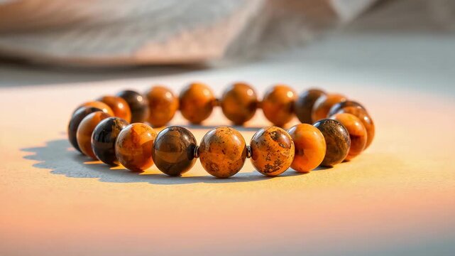 Natural stone beaded bracelet showcased with warm light sweep on neutral studio background