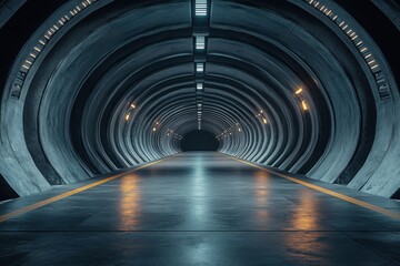 A realistic 3D rendering of a futuristic- grungy underground concrete hangar tunnel garage- with dark lights and an alien warehouse hallway- serves as a modern sci-fi showroom backdrop