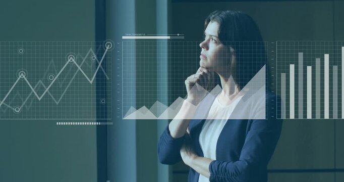 Woman by window, turning head as frames sliding charts and map overlaying view for business insight