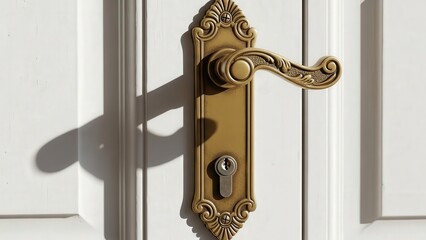 Door Handle Elegance: Capturing the intricate details of a classic golden door handle against a simple white wooden door, the image highlights the timeless elegance of architectural design.