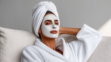 A woman with a facial mask and a towel on her head relaxes on a couch, embodying self-care and wellness. Home spa treatment concept.