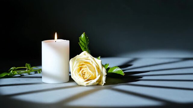 White candle and yellow rose with moving window shadows in moody studio copy space