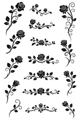 Rose floral borders, corners and wreath in black, Transparent Background