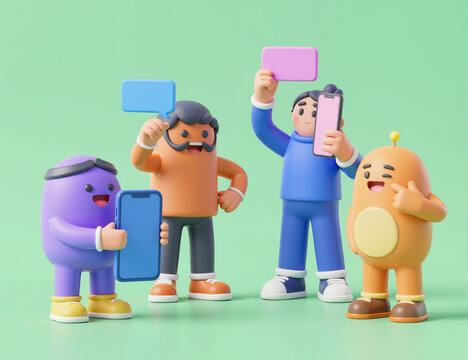 Vibrant cartoon characters holding smartphones and speech bubbles, showcasing a sense of connection and communication in a playful environment, perfect for depicting social interactions