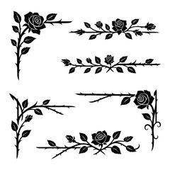 Rose floral borders, corners and wreath in black, Transparent Background