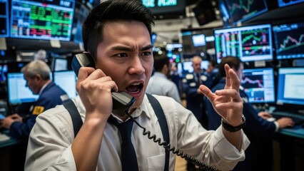 Turbulent Market: A determined trader furiously manages a critical transaction on the phone, his facial expressions convey a sense of urgency and determination amid the volatile market conditions.