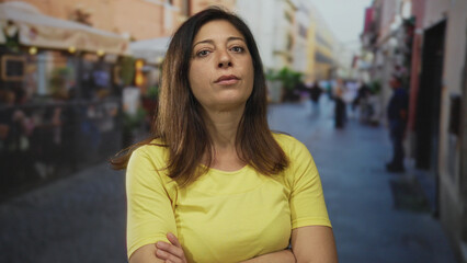 Woman standing with crossed arms in crowded street scene with blurred pedestrians; denial rejection.