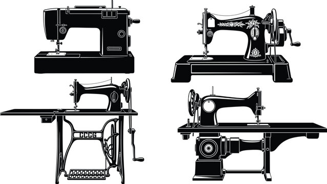 Sewing machine silhouettes, vintage and modern styles, treadle, hand-crank, industrial, electric, black vector icons, flat illustration, CAD drawing