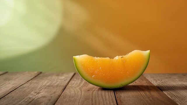 Fresh cantaloupe slice on rustic wooden table with warm sun rays and copy space
