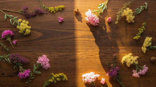 Overhead floral flat lay with sunlight sweeping across wooden table