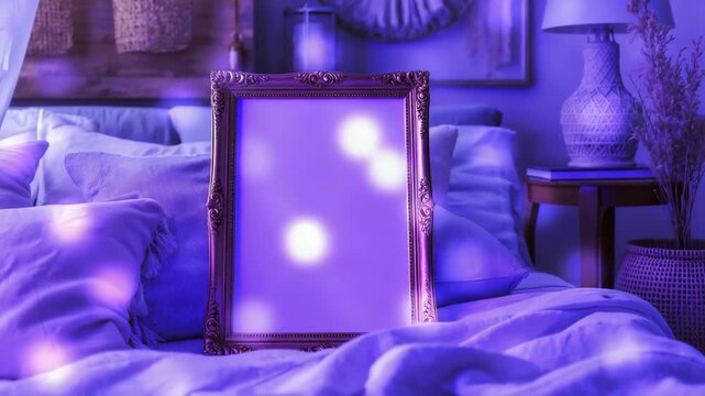Decorative gold frame on cozy bed lit by animated colorful bokeh lights for mockup