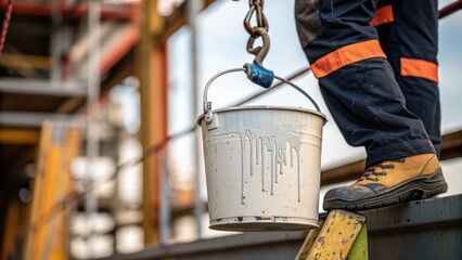 A worker stands on a ledge, balancing a paint bucket on a hook, with construction scaffolding in the background.