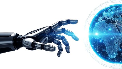 Futuristic robot hand reaching towards a glowing digital earth globe symbolizing global artificial intelligence and network connection