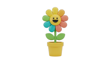 Cheery Colorful Flower With Smiling Face In A Yellow Pot On Transparent Background Cheerful And Bright Nature Illustration For Joyful Themes