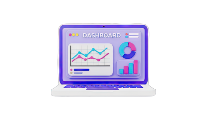 3D Laptop Displaying Financial Dashboard With Charts And Graphs In A Modern Purple And Blue Color Scheme On Transparent Background