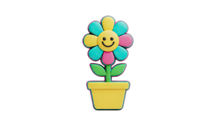 Cheerful cartoon flower with a smiling face and colorful petals in a yellow pot on a transparent background a 3d render illustration