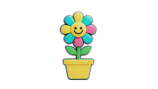 Cheerful cartoon flower with a smiling face and colorful petals in a yellow pot on a transparent background a 3d render illustration - Powered by Adobe