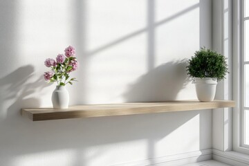 A realistic 3D render of an empty shelf or counter against a white wall with natural light from a window- creating a minimalistic concept for room display