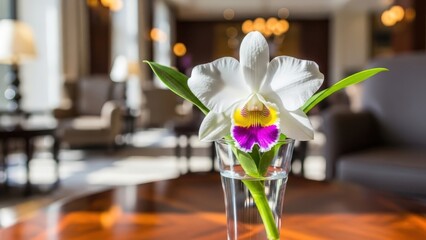 Orchid Elegance in Bloom: A delicate, pristine orchid in full bloom, its petals radiating beauty and grace, perched within a simple glass vase.