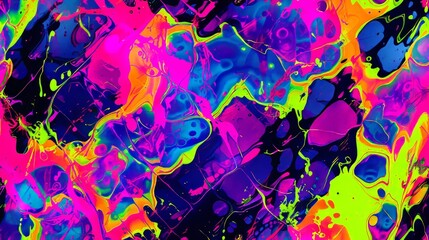 Abstract background with vibrant neon paint splatters. Psychedelic liquid art texture in fluorescent colors. Modern creative wallpaper design