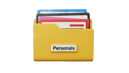 Bright Yellow Folder Labeled Personals with Various Colorful Documents Inside on Transparent Background