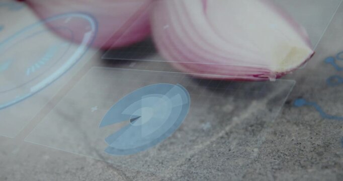 Fingertip hovering starting panels, blue round UI spinning, onion halves showing layers for study