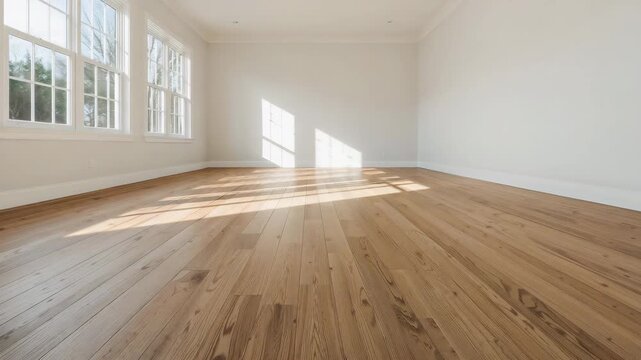 Sunlight shifting across empty hardwood floor in bright living room with large windows