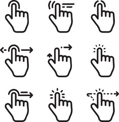 Touch screen hand gesture icons set showing tap, swipe, click, and interaction actions for UI design