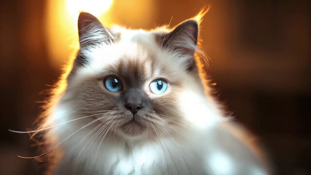 Close-up blue-eyed ragdoll cat turning head in warm backlit interior